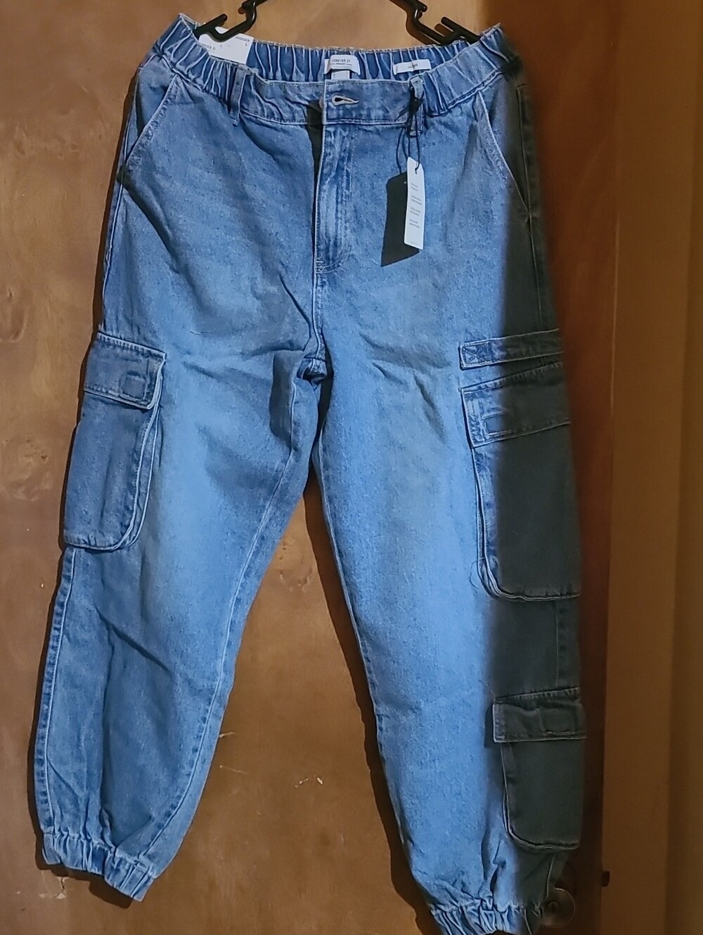 Womens Forever 21 Light Blue Relaxed Cargo Jeans